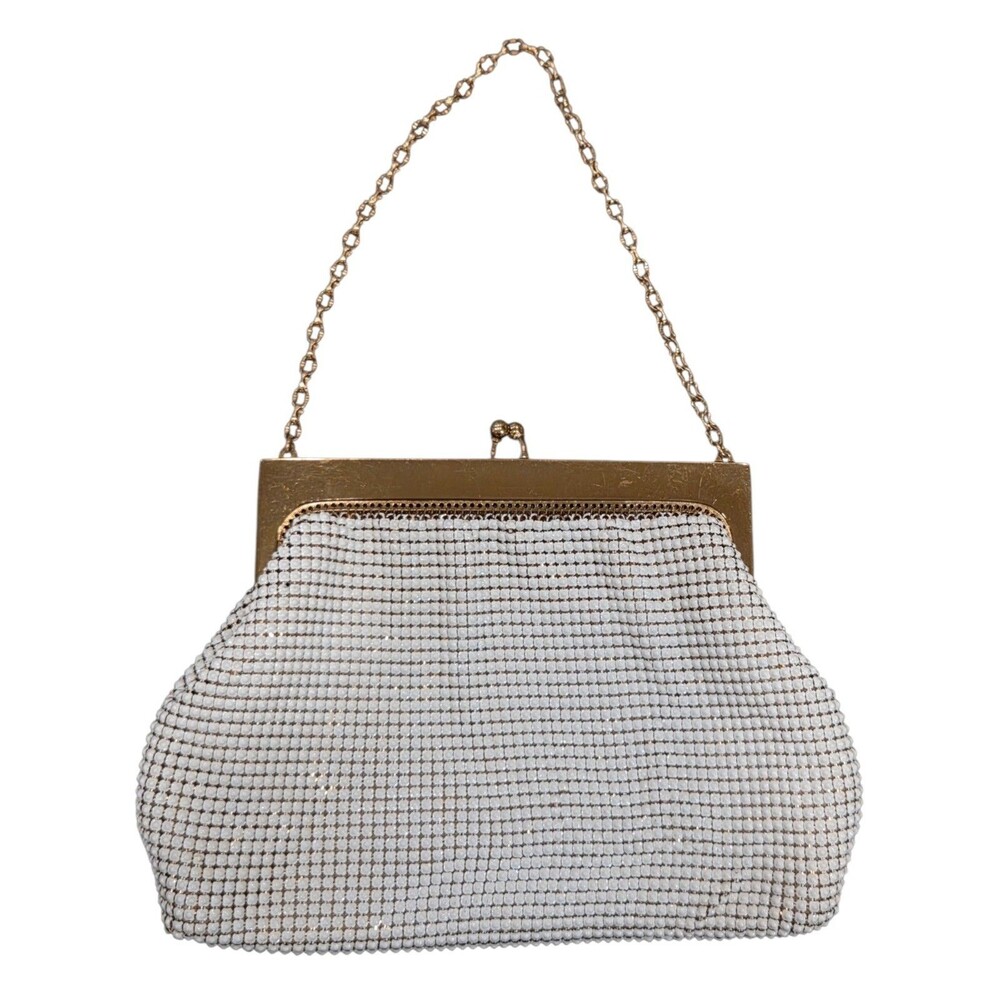 Vintage 40s-50s Whiting and Davis MCM White Enamel Metal Mesh Evening Bag